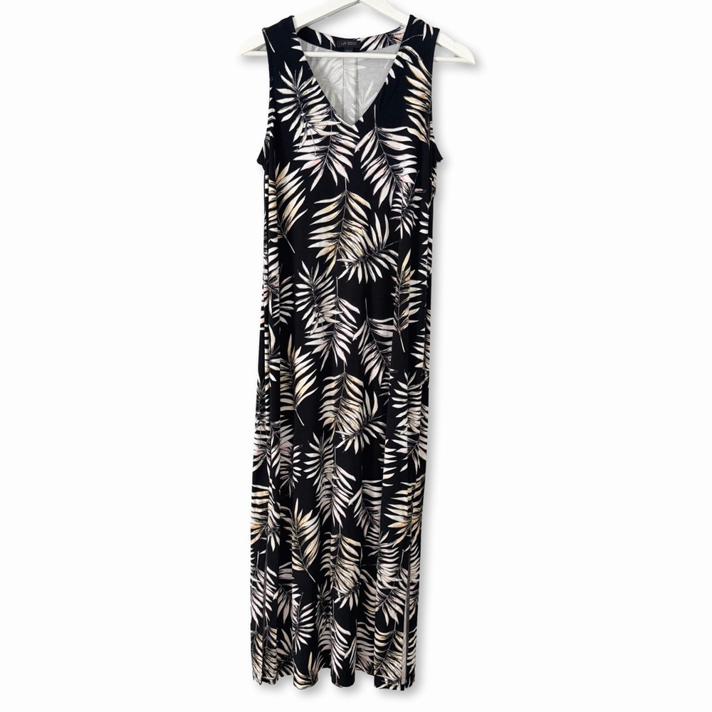 J.Jill Wearever Collection Black Beige Leaf Print V-Neck Maxi Dress Extra Small
